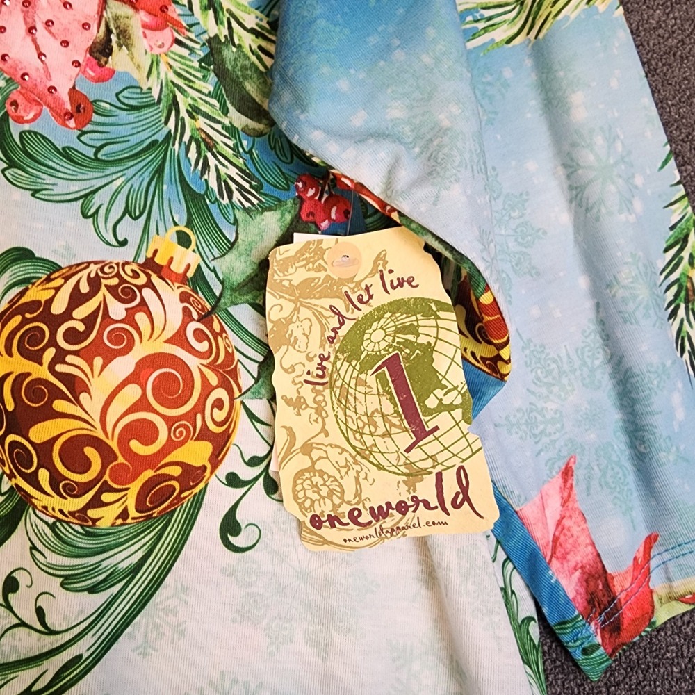 One World Womens 1X Christmas Poinsettia Ornament Print‎ V Neck Tunic Top - Picture 3 of 8